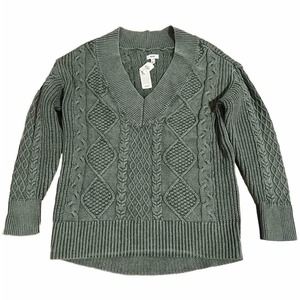 Aerie Cable Knit Sage Green Acid Wash Oversized V-neck Sweater Size XS